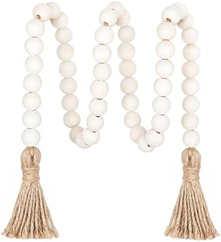 Meplait 39in Wood Bead Garland Farmhouse with Tassels,Versatile Prayer Beads Boho Chic Wall Hanging Home Decor(Natural)