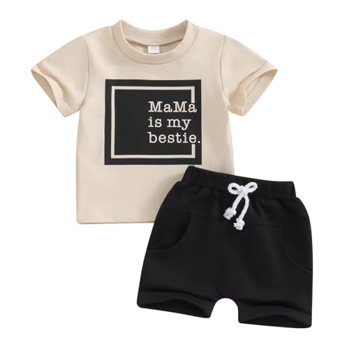 Image of FOCUSNORM Toddler Boys Summer Outfits Mamas Boy Checkerboard Short Sleeve T-Shirts Tops and Elastic Waist Shorts Clothes Sets
