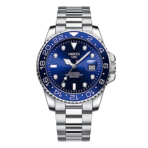 NIBOSI Automatic Men's Watches Analog Mechanical Green Dial Stainless Steel Watches for Men Waterproof Military Business Casual Wrist Watches with Calendar
