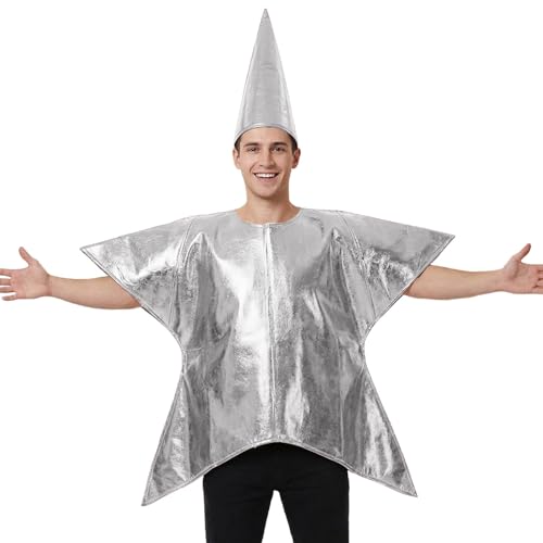 Bauzuoyo Disfraz de estrella para mujer, carnaval, cosplay, disfraz de escenario, blusa de estrella con agujeros para cara y brazo, gorro puntiagudo brillante, disfraz de fiesta para hombre, disfraz