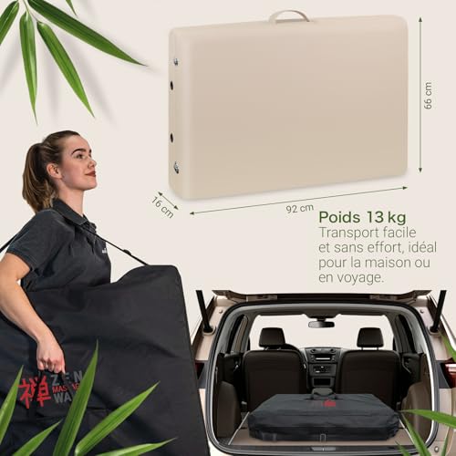 Zen Table de Massage Pliante professionelle - lit esthetique Table Tatouage, Extension de Cils en Bois et Hauteur réglable, Portable avec Appui-tête réglable, accoudoirs, Sac de Transport (Crème) – Image 4