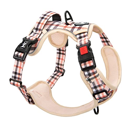 PoyPet Keine Pull Hundegeschirr Front Reflektierende Pet Weste für Hunde mit Einfache Kontrolle Griff und Rückseite perfekt für den täglichen Training, Walken, Running(Kariertes Beige,M)