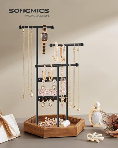 SONGMICS Jewelry Holder, Jewelry Organizer, 3 Tiers and 1 Tray, Jewelry Display Stand with Metal Frame, Necklace Earring Bracelet Holder, for Rings, Ink Black and Caramel Brown UJJS03CB2
