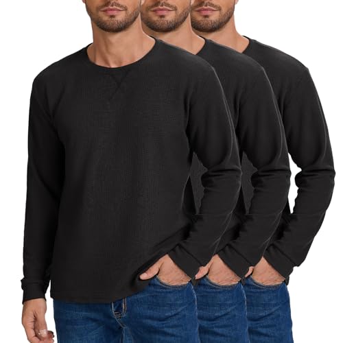 Image of 3 Pack Mens Waffle Shirts Long Sleeve Casual T-Shirt | Lightweight, Regular Fit, Waffle Knit, Crew Neck, Stylish Design, Pullover Top, Work, Daily