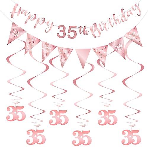 Décoration 35 ans anniversaire femme avec banderole or rose