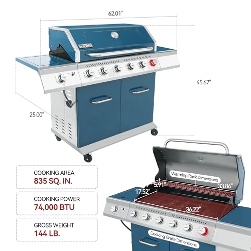 Royal Gourmet GA6402B 6 Burner Propane Gas Grill with Side Burner and Warming Rack, 74,000 BTUs, Cabinet Style Gas BBQ Grill for Barbecue Grilling & Backyard Cooking, Blue