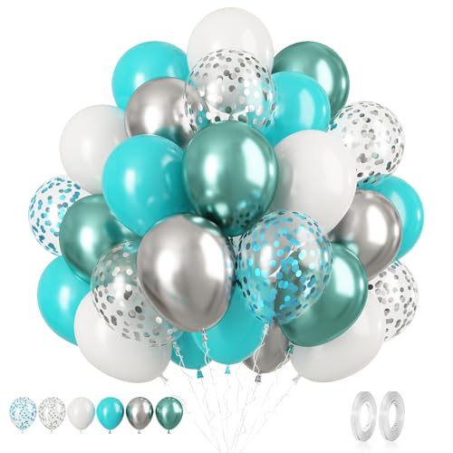 Image of Teal White Balloon Set, 60PCS Blue Silver Birthday Balloons, 12 Inch Teal Green Latex Balloon Turquoise Metallic Silver Confetti Balloons for Birthday Party Baby Shower Wedding Decorations