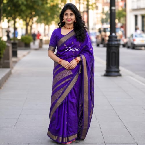 Image of DHIHA Gadwal Cotton Saree for Women | Pure Kalyani Cotton Saree with Zari Border Tassels & Blouse | Kanjivaram Linen Silk | Handloom Weave
