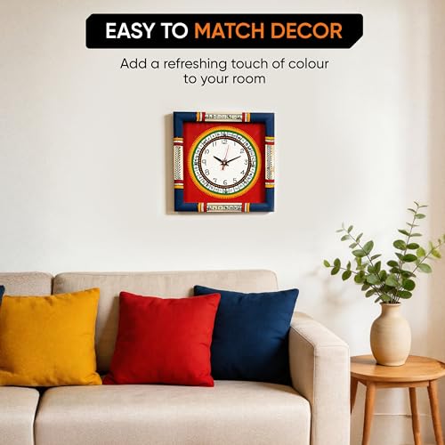Image of AAKRITI ART CREATIONS Wall Clock Handcrafted Warli Art Dial with Glass Frame Blue, Red | Wall Clock for Home, Home Decoration | Lightweight Wooden wall Decor | Matte Finish