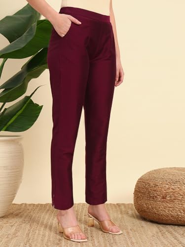 Image of Vogaan Women's Cotton Silk Pant | Half-Elasticated Waist Slim Fit Trouser for Women | Casual Pocket Pants for Office Formal Daily Use