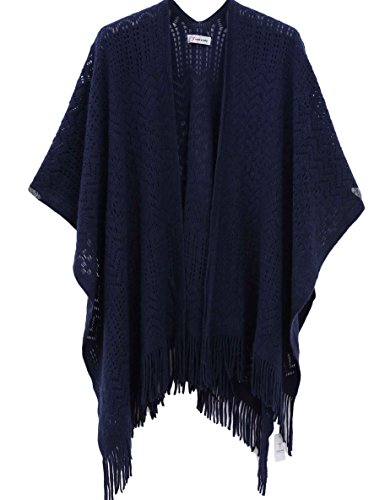Photo de soul young Chale Femmes Tricot Gilet Poncho, Cape Grande Soiree Taille Cardigan Kimono Wrap Pashmina(Taille unique,Marine)