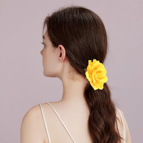 Image of Yellow Rose Brooches Flower Hair Clips for Women | Brooches and Pins | Hair Accessories | Valentines Hair Clips, Wedding Hair Accessories for Women |Lapel Pin