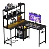 DUMOS L Shaped Desk Gaming Desk with LED & Power Outlet 43 in Reversible Corner Computer Table with Adjustable Shelf & CPU Stand, Home Office Writing Table, Black