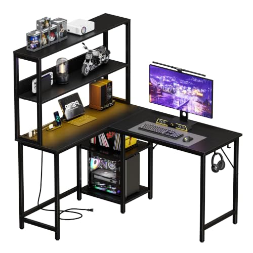 DUMOS L Shaped Desk Gaming Desk with LED & Power Outlet 43 in Reversible Corner Computer Table with Adjustable Shelf & CPU Stand, Home Office Writing Table, Black