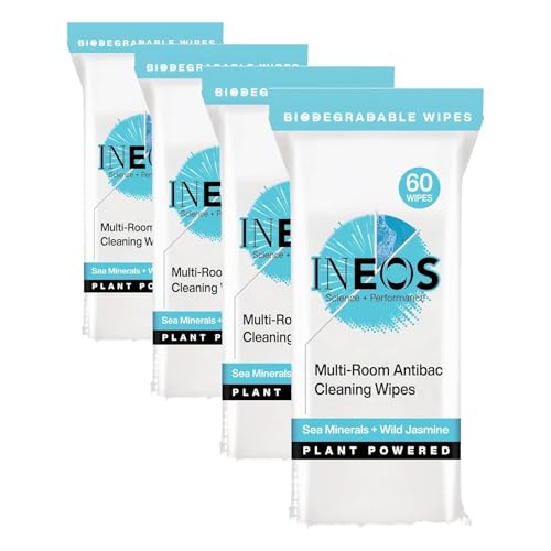 Image of INEOS Next-Gen Antibac Multi-Room Disinfectant Biodegradable 60 Wipes, Sea Minerals + Wild Jasmine, Kills 99.9% of Bacteria + Viruses, Plant Powered, Packaging May Vary (Pack of 4)