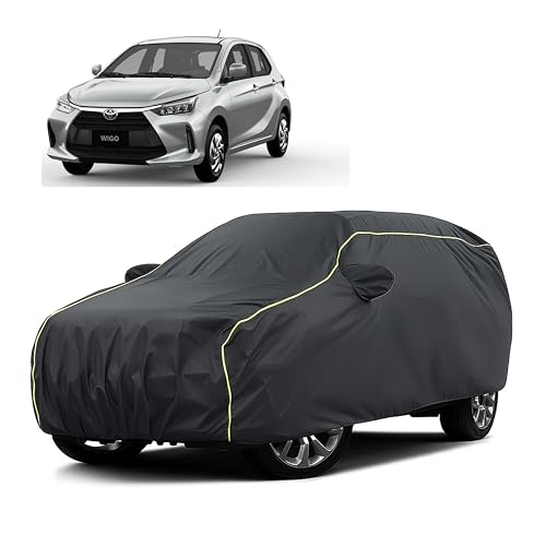 Image of Sulfar 100% Water Resistant Car Body Cover Compatible with Mirror for Toyota Wigo (Triple Stitched, Full Bottom Elastic, Dark Grey Taffeta with Yellow Piping)