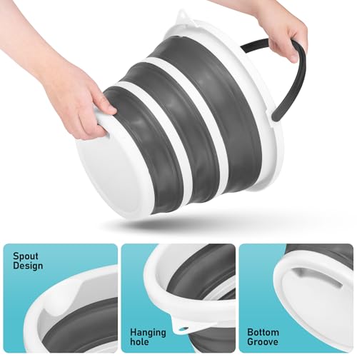 Image of Superio Collapsible Bucket 2 Gallon Bucket with Handle Grey Car Wash Bucket Small Foldable Silicone Pail for Camping, Fishing, Cleaning, Mopping, 10 Liter