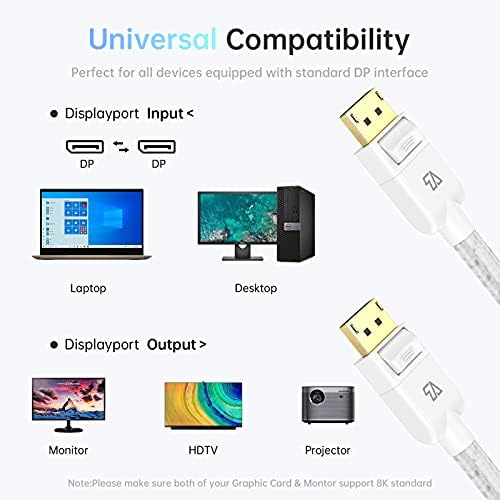 8K Displayport 1.4 Cable, Teleadapt DisplayPort Cable (DP to DP) Nylon Braided 8K@60Hz, 5K@60Hz 4K@120Hz, Video Resolution & HDR Support Laptop PC Projector TV Gaming Monitor White, 6.6ft