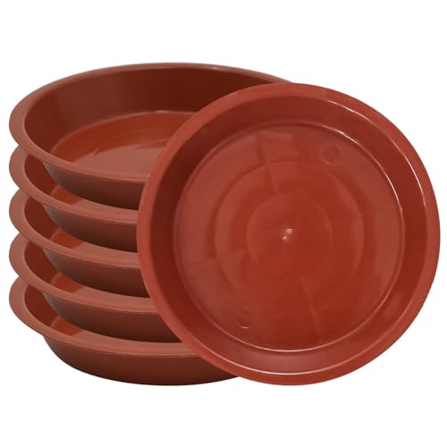 JAKOUE 6pcs Terracotta Plastic Plant Saucers (6 inch) - Heavy Duty Indoor Plant Trays for Pots with Water Drainage Drip Catcher & Decor (Set of 6 Round Saucers)