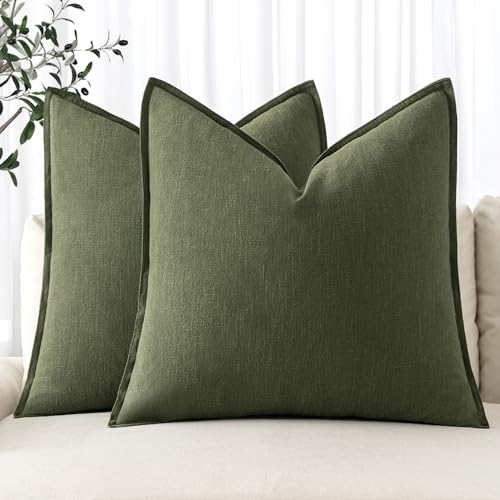 Image of MIULEE Decorative Linen Pillow Covers 18x18 Inch Dark Olive Green Boho Farmhouse Neutral Spring Couch Throw Pillows for Bed Pack of 2 Accent Pillowcase Modern Sofa Cushion Livingroom Home Decor