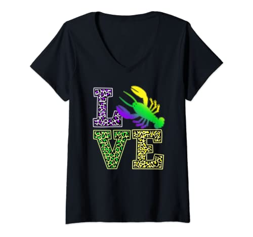 Mujer LOVE Crawfish Mardi Gras Leopard Print Para Hombres Mujeres Camiseta Cuello V
