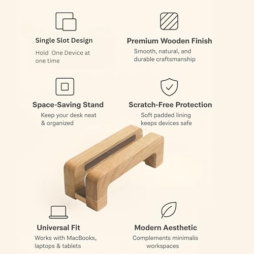 Image of Wooden Laptop Stand and Phone Dock | Compact Table Organizer | Handmade Holder | Laptop Desk | Computer Stand | Wooden Vertical Stand for Laptop & Phone | Workstation Organizer
