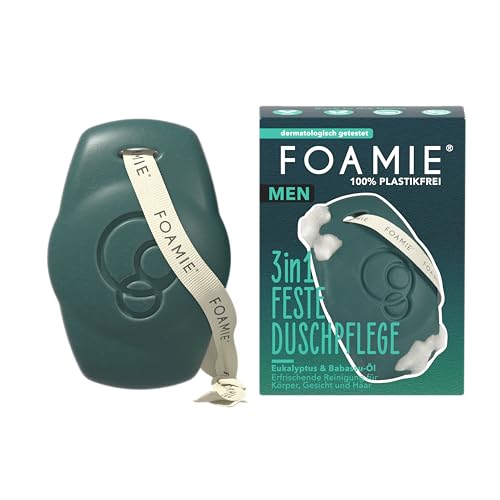 Foamie Men 3in1 Feste Duschpflege Back to the Roots - Für Körper, Gesicht & Haare - Mit Babassu- & Eukalyptusöl - pH-hautneutral - Vegan & Plastikfrei, 90g