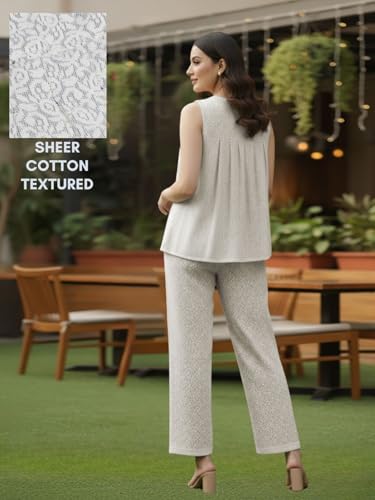 Image of GRECIILOOKS Co-Ord Set for Women stylish Solid| Jumpsuit For Women's Stylish | Dress | Travel | Sheer Cotton Textured Sleeveless Top And Straight Pants