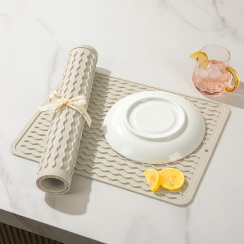 Image of 2 Pack Caketime Silicone Dish Drying Mat for Kitchen Counter Dining Placemats Shower Caddy Refrigerator Liners Essentials Heat Resistant Waterproof Trivets Pad Coffee Bar Items 15 inchx11.5 inch Milk