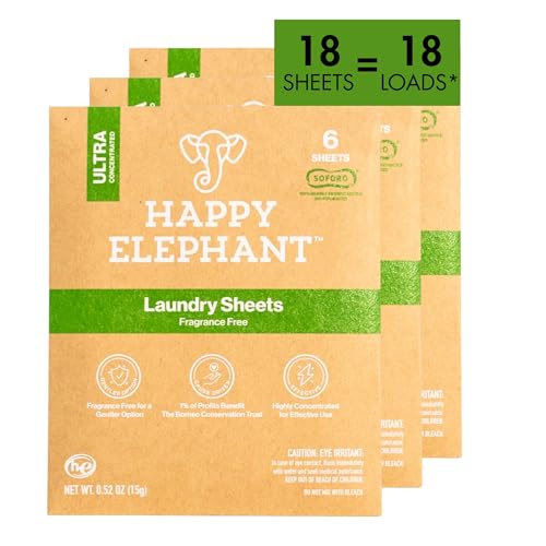 Happy Elephant Laundry Detergent Sheets, Fragrance Free, Natural Biodegradable Laundry Sheets, Plant...