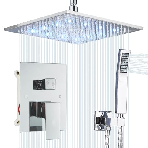 Ceiling Mount Shower Faucet Set 12 Inch LED Rainfall Shower Head Bathroom Rainfall Shower System with Handheld Spray Rough-in Valve Body and Trim Included, Chrome Finished