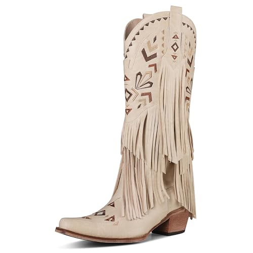 SaraIris Women's Beige Cowgirl Boots Knee High Fringe Tassel Western Pointed Toe Cowboy Boots for Women by SaraIris - Image 5