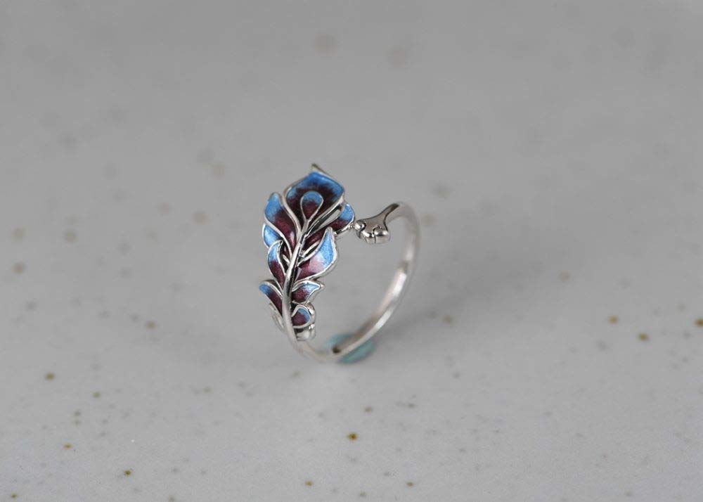 HGJH Silberringe Damen 925,S925 Sterling Silber Cloisonne Pfauenfeder Ring Verstellbare Ringe Retro Zeigefinger Ring Silber Ewigkeitsring Hochzeit Charme Schmuck Geschenke Für Männer Mädchen Damen