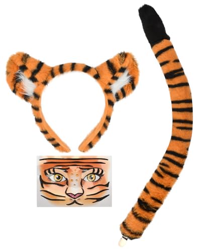 PATURPINT Tiger Costume Accessory Set Orange and Black Plush Ears Headband Tail with Face Art Decor for Dress Up Cosplay
