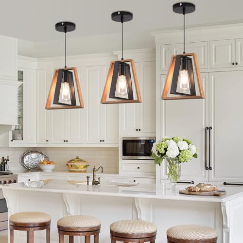 Image of Mikeru Farmhouse Hanging Pendant Lights, 3 Pack Rustic Style Recessed Kitchen Island Pendant Lights, Black Metal and Wooden Design, Height Adjustable 1.2M, Suitable for Living Room, Dining Room, Cafe
