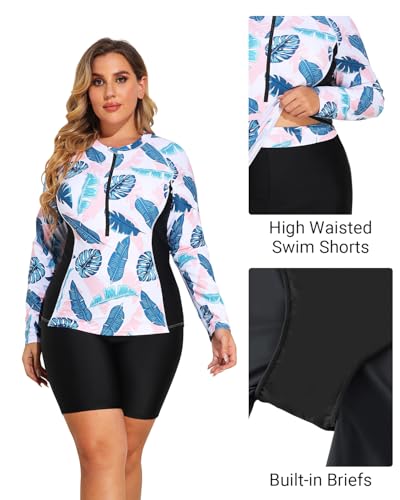 Image of Daci Women 2 Piece Plus Size Long Sleeve Rash Guard Zip Front Athletic Bottom Tankini Swimsuits UPF 50 | Two piece,Tummy Control,High Waist,UPF 50+,Half Zipper Swim Shirt,Athletic,Sporty,Built-in Bra,Built-in Briefs