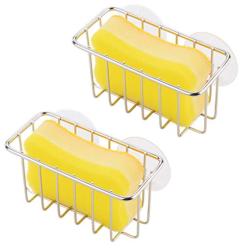 Toplife Stainless Steel Sink Suction Sponge Holder for Kitchen Accessories, Silver, Set of