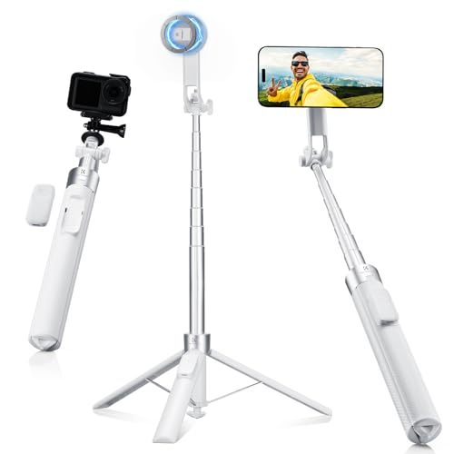 K&F CONCEPT 自撮り棒 スマホ 三脚 Magasfe対応 【2025年新型・マグネット式とクリップ式の2in1】 超長180cm 自動開閉 セルカ棒 4軸ジョイント 360°回転 折りたたみ 軽量 伸縮 スマホ用 充電式リモコン 1/4ネジ付き じどり棒 iPhone 17 Pro MAX 16 15 14 13 12 & Android対応