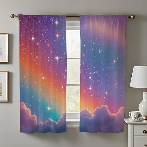 Opeoddie Colorful Pastel Rainbow Curtains Star Galaxy Clouds Kids Window Curtains for Girls Bedroom Girly Princess Small Curtains 2 Panels 29x63 Inch Window Treatment Drapes Living Room
