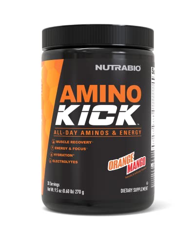 Image of NutraBio Amino Kick - BCAA Powder with Natural Caffeine - Amino Acids Supplement for Energy, Hydration & Recovery - BCAAs, Electrolytes & Amino Acids - Orange Mango, 30 Servings