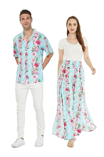 Matchable Couple Hawaiian Luau Shirt or Wide Legged Pants in Pink Turquoise, Hibiscus Vine