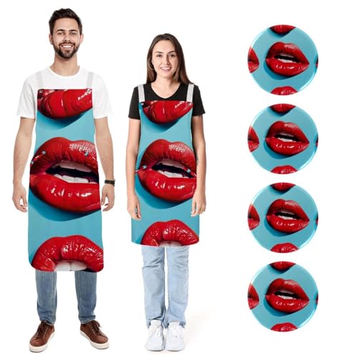 Tabliers de cuisine en lin lot de 2 avec motifs lèvres rouges et poches réglables