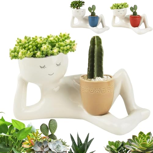 Lazy Guy Planter, Lazy Little Character Flowerpot, Relaxing Person Holding Pot Planter, Funny Plant Pots Unique Shape Pot for Succulents Cactus with Drainage Hole for Home Garden Decor (Yellow)