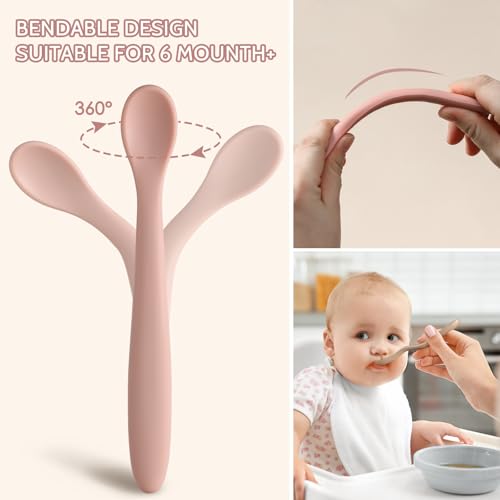 Image of Silicone Baby Feeding Spoons, Training Spoon Self-feeding, First Stage Infant Soft-Tip Easy on Gums, Utensils Supplies, Dishwasher & Boil-proof, 6 Pack