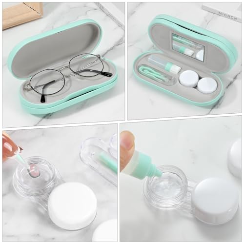 Image of MoKo Double Eyeglass Case, Contact Lens Case with Mirror Tweezers Remover, 2 in 1 Double Sided Portable Contact Lens Box Holder Container Soak Storage Kit Sunglasses Pouch for Men & Women, Green