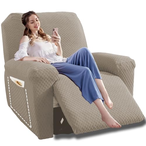 Image of YEMYHOM 4 Pieces Oversized Stretch Recliner Slipcover Jacquard Large Recliner Chair Cover with Side Pocket Anti-Slip Fitted Furniture Protector with Elastic Bottom (X-Large Recliner, Khaki)
