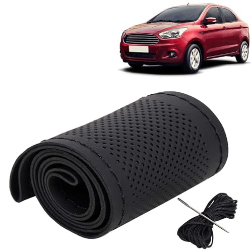 Image of KINGSWAY PU Leatherite Car Steering Cover Sewable Compatible with Ford Figo Aspire (Year 2014-2021), Black Color with Black Thread, Pack of 1 with Sewing Needle and Thread