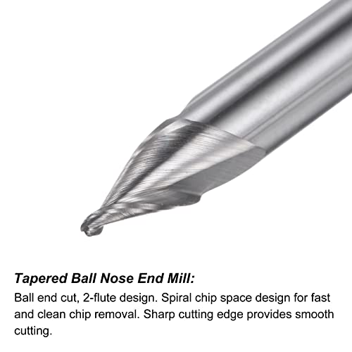 Image of uxcell Tapered Ball Nose End Mill, Uncoated Solid Carbide 2 Flute Spiral Milling Cutter, 0.5mm Radius, 1mm Diameter, 6mm Shank, 45mm Length, 30 Degree Angle