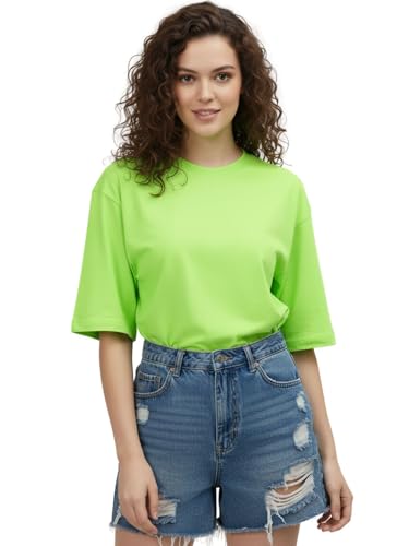 Image of LEOTUDE Women's cotton Oversized Fit Oversized Half Sleeve Tshirt, Round Neck Longline Drop Shoulder Solid T-Shirt