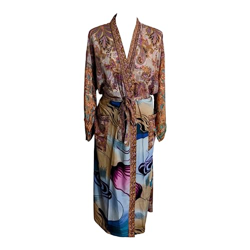 Kimono Indien en soie beige fait main de 125 cm de long